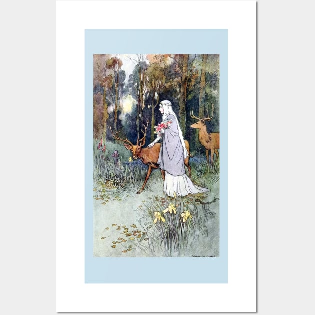 Woman Walking Through the Woods with a Timid Dun Deer - Warwick Goble Wall Art by forgottenbeauty